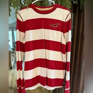 Hollister Red and White Striped Long Sleeve Shirt